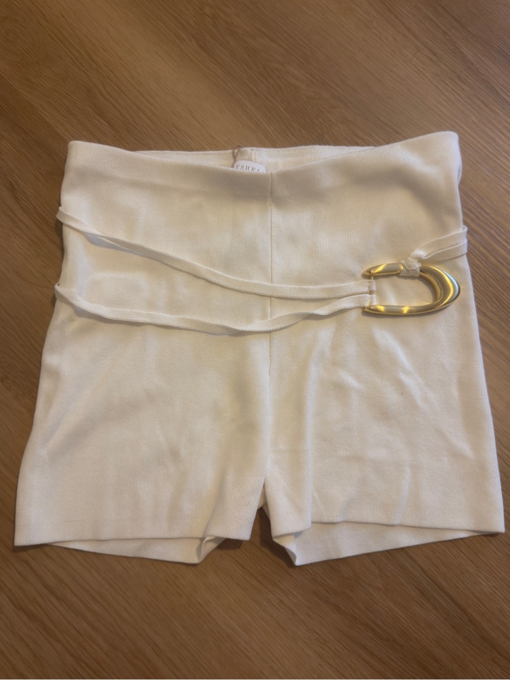 Meshki Cream High-Waist Belted Bike Shorts with Gold Buckle